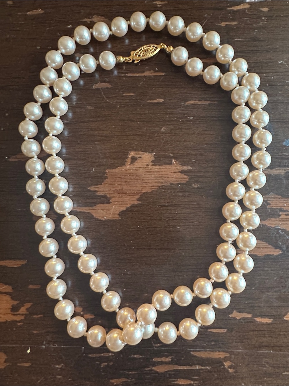 48” gold over silver filigree clasp faux? pink tone Pearl strand patent